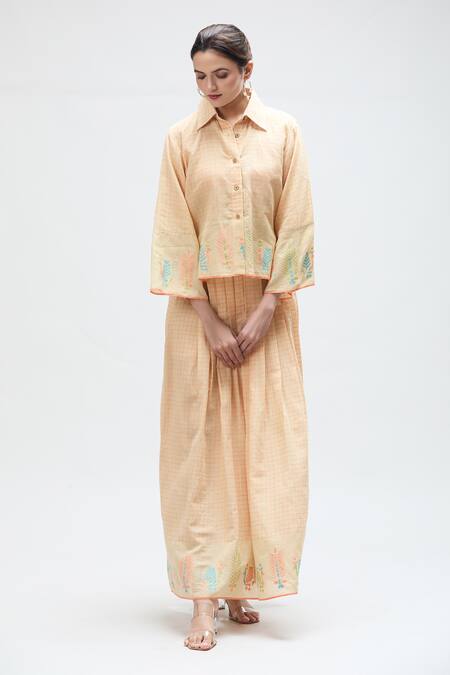 Shop Ibai Peach Handloom Cotton Embroidery Collared Love Bird Checkered Print Shirt Online at Aza Fashions Shop_Ibai_Peach Handloom Cotton Embroidery Collared Love Bird Checkered Print Shirt _Online_at_Aza_Fashions