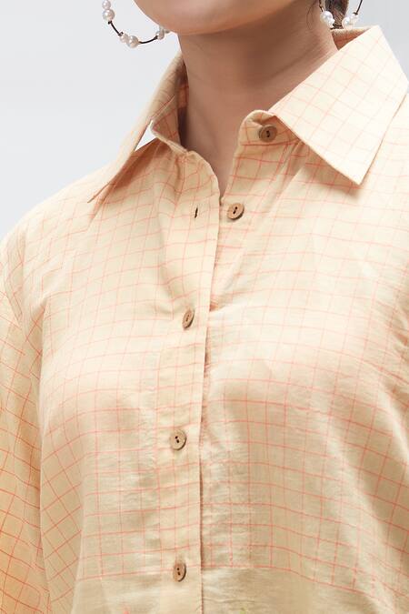 Buy Ibai Peach Handloom Cotton Embroidery Collared Love Bird Checkered Print Shirt Buy_Ibai_Peach Handloom Cotton Embroidery Collared Love Bird Checkered Print Shirt