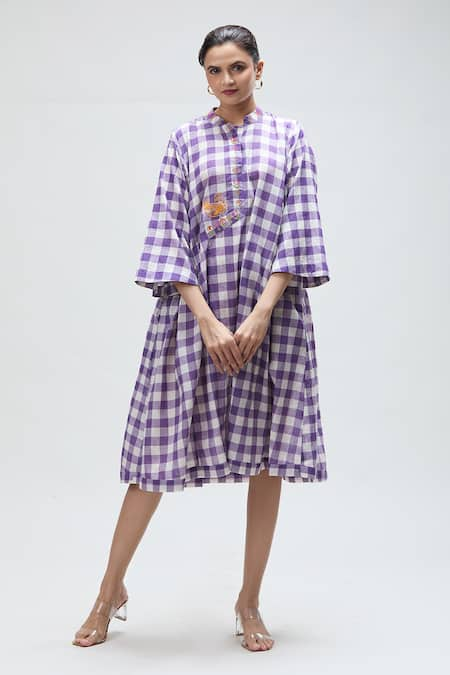 Ibai Purple Handwoven Muslin Checkered Band Collar Martin Dress 