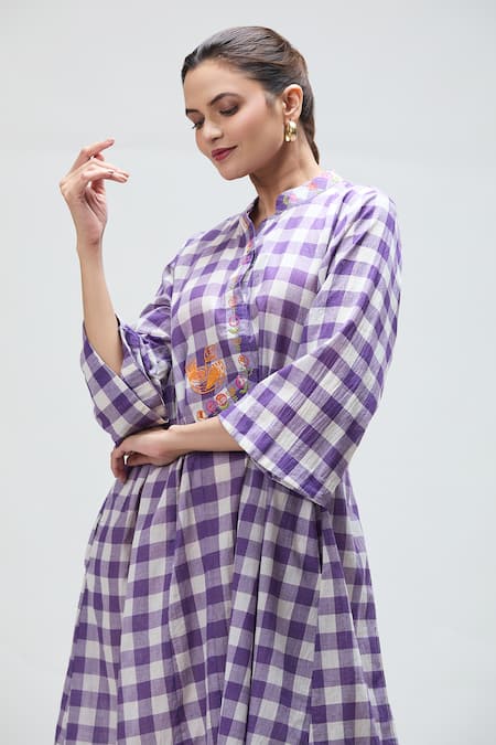 Buy Ibai Purple Muslin Embroidery Bandeau Neck Martin Checkered Woven Dress Online at Aza Fashions Buy_Ibai_Purple Muslin Embroidery Bandeau Neck Martin Checkered Woven Dress _Online_at_Aza_Fashions