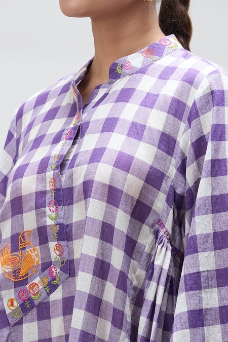 Shop Ibai Purple Muslin Embroidery Bandeau Neck Martin Checkered Woven Dress Online at Aza Fashions Shop_Ibai_Purple Muslin Embroidery Bandeau Neck Martin Checkered Woven Dress _Online_at_Aza_Fashions