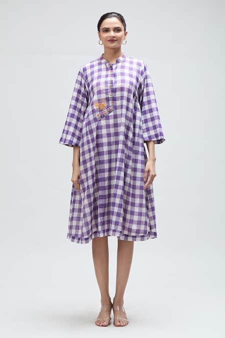 Ibai Purple Muslin Embroidery Bandeau Neck Martin Checkered Woven Dress at Aza Fashions Ibai_Purple Muslin Embroidery Bandeau Neck Martin Checkered Woven Dress _at_Aza_Fashions