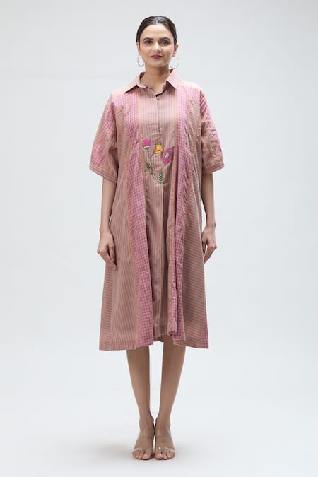 Ibai_Beige Muslin Embroidery Collared Sparrow Checkered Woven Dress With Inner _Online_at_Aza_Fashions