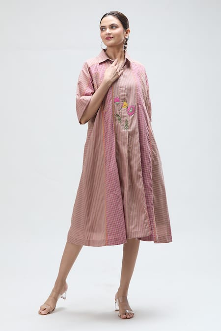 Buy_Ibai_Beige Muslin Embroidery Collared Sparrow Checkered Woven Dress With Inner _Online_at_Aza_Fashions