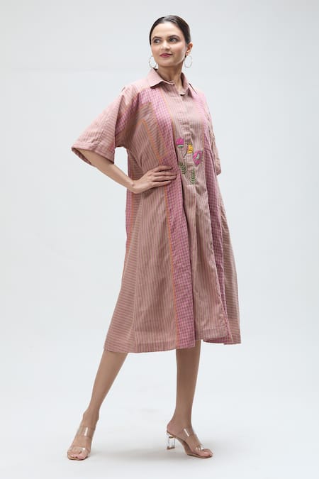 Shop_Ibai_Beige Muslin Embroidery Collared Sparrow Checkered Woven Dress With Inner _Online_at_Aza_Fashions