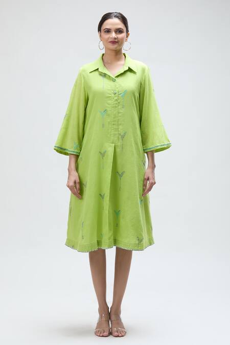 Ibai Green Muslin Embroidery Collared Parrot Dress With Inner Online at Aza Fashions Ibai_Green Muslin Embroidery Collared Parrot Dress With Inner _Online_at_Aza_Fashions