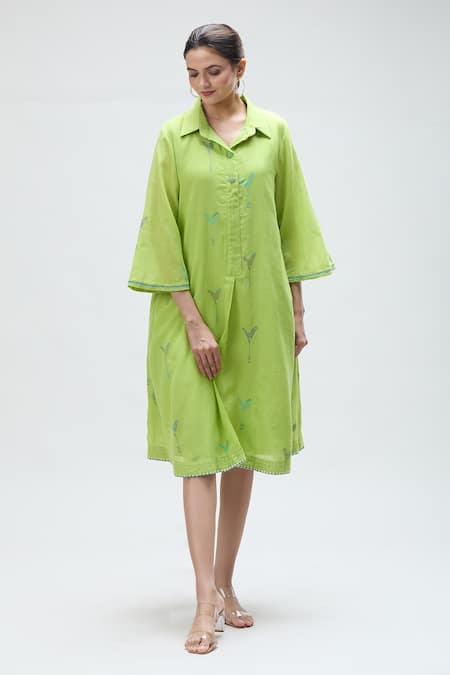 Buy Ibai Green Muslin Embroidery Collared Parrot Dress With Inner Online at Aza Fashions Buy_Ibai_Green Muslin Embroidery Collared Parrot Dress With Inner _Online_at_Aza_Fashions