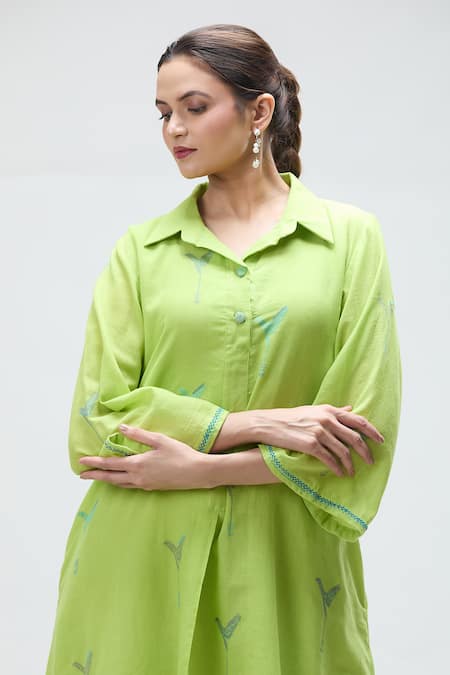 Shop Ibai Green Muslin Embroidery Collared Parrot Dress With Inner Online at Aza Fashions Shop_Ibai_Green Muslin Embroidery Collared Parrot Dress With Inner _Online_at_Aza_Fashions