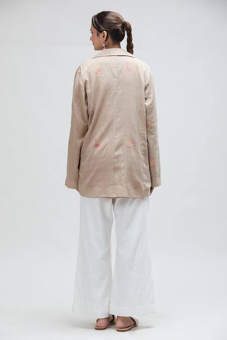 Shop_Ibai_Beige Handwoven Muslin Lapel Collar Carolina Jacket _at_Aza_Fashions