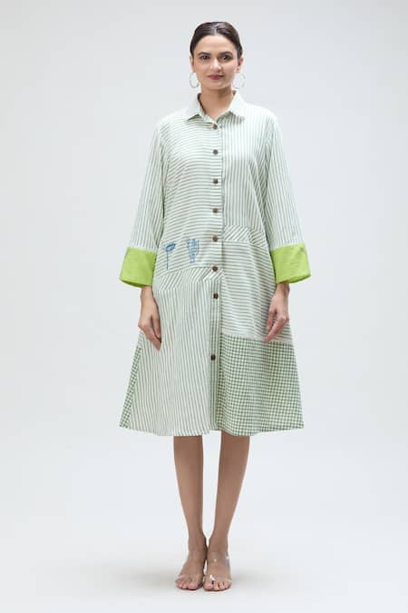 Ibai_Green Muslin Collared Bulbul Woven Dress With Inner _Online_at_Aza_Fashions