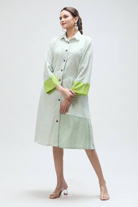 Buy_Ibai_Green Muslin Collared Bulbul Woven Dress With Inner _Online_at_Aza_Fashions