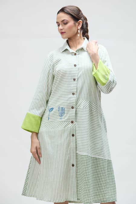 Shop_Ibai_Green Muslin Collared Bulbul Woven Dress With Inner _Online_at_Aza_Fashions