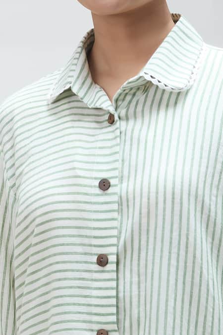 Ibai_Green Muslin Collared Bulbul Woven Dress With Inner _at_Aza_Fashions