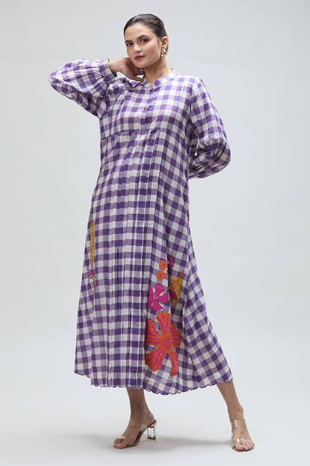 Ibai_Purple Muslin Embroidery Bandeau Neck Martin Woven Check Pattern Dress _Online_at_Aza_Fashions