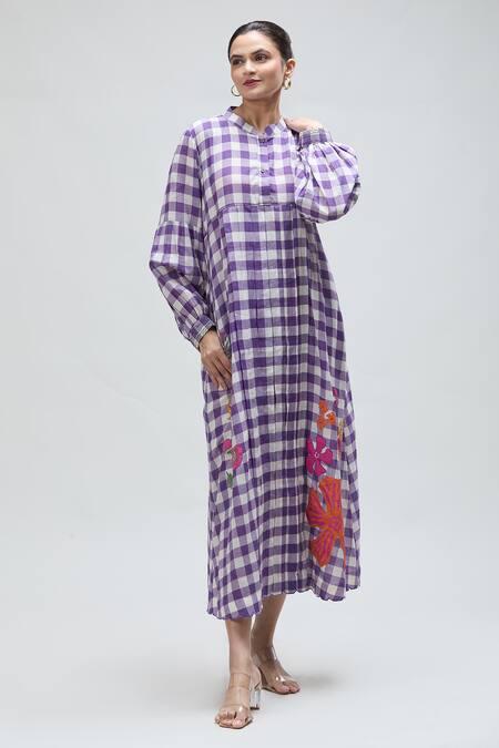 Buy_Ibai_Purple Muslin Embroidery Bandeau Neck Martin Woven Check Pattern Dress _Online_at_Aza_Fashions