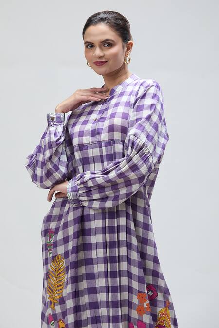 Shop_Ibai_Purple Muslin Embroidery Bandeau Neck Martin Woven Check Pattern Dress _Online_at_Aza_Fashions