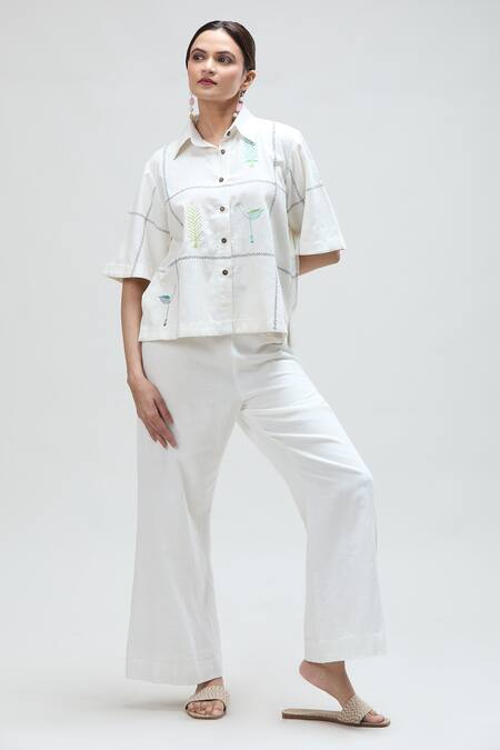 Buy_Ibai_White Handwoven Pure Cotton Solid Dove Flared Pant_Online_at_Aza_Fashions