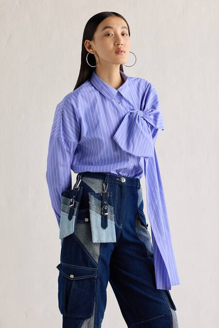 Mellowdrama_Blue Cotton Bows Collared Striped Big Embellished Shirt_Online_at_Aza_Fashions