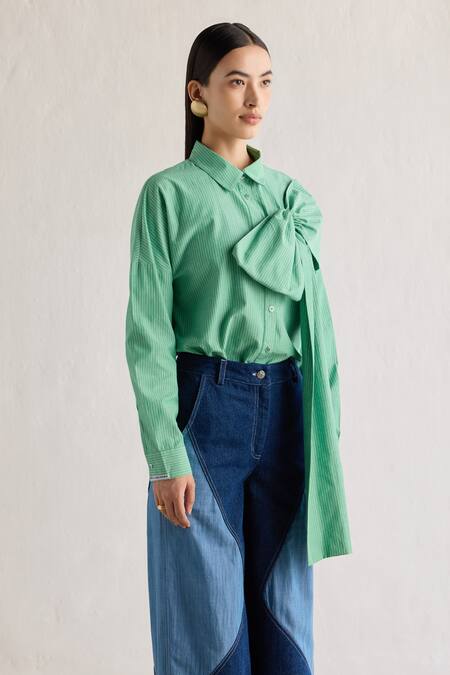 Mellowdrama_Green Cotton Collared Pin Striped Big Bow Embellished Shirt _Online_at_Aza_Fashions