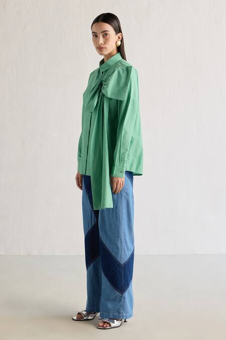 Buy_Mellowdrama_Green Cotton Collared Pin Striped Big Bow Embellished Shirt _Online_at_Aza_Fashions