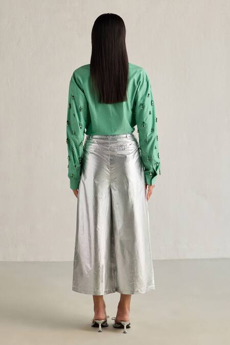 Shop Mellowdrama Green Cotton Beads Collared Glass Sleeves Embellished Striped Shirt at Aza Fashions Shop_Mellowdrama_Green Cotton Beads Collared Glass Sleeves Embellished Striped Shirt_at_Aza_Fashions