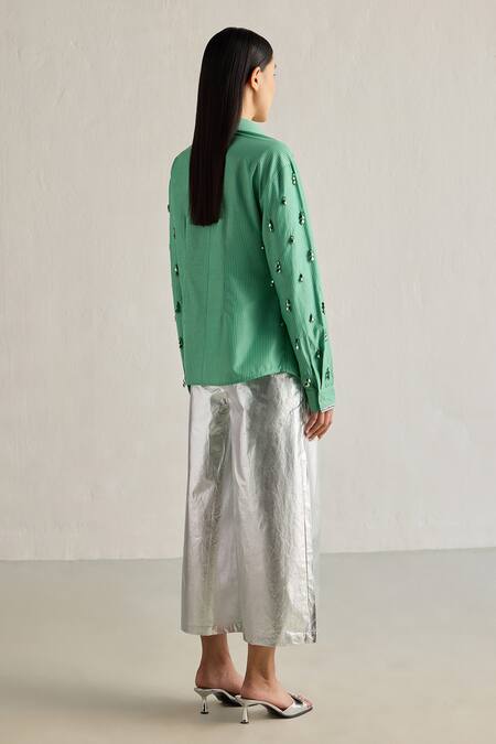 Mellowdrama Green Cotton Beads Collared Glass Sleeves Embellished Striped Shirt Online at Aza Fashions Mellowdrama_Green Cotton Beads Collared Glass Sleeves Embellished Striped Shirt_Online_at_Aza_Fashions