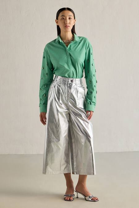 Buy Mellowdrama Green Cotton Beads Collared Glass Sleeves Embellished Striped Shirt Online at Aza Fashions Buy_Mellowdrama_Green Cotton Beads Collared Glass Sleeves Embellished Striped Shirt_Online_at_Aza_Fashions