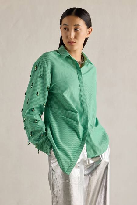 Shop Mellowdrama Green Cotton Beads Collared Glass Sleeves Embellished Striped Shirt Online at Aza Fashions Shop_Mellowdrama_Green Cotton Beads Collared Glass Sleeves Embellished Striped Shirt_Online_at_Aza_Fashions