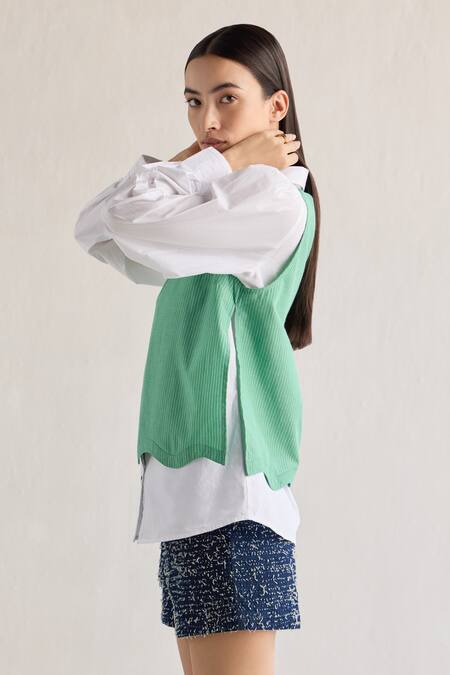 Mellowdrama_White Cotton Collared Double Layered Wave Shirt_Online_at_Aza_Fashions
