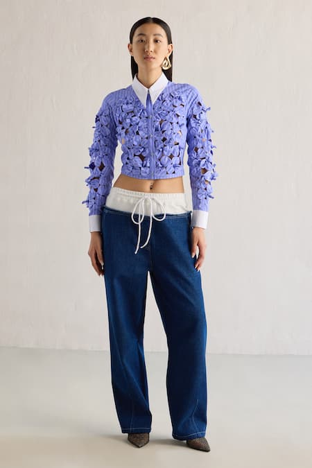 Mellowdrama 3D Bow Bloom Contrast Collar Crop Shirt 