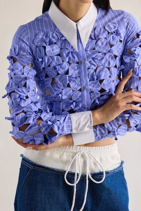 Mellowdrama_Blue Cotton Embroidery Collared 3d Bow Bloom Contrast Crop Shirt_Online_at_Aza_Fashions