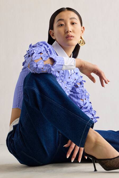 Buy_Mellowdrama_Blue Cotton Embroidery Collared 3d Bow Bloom Contrast Crop Shirt_Online_at_Aza_Fashions