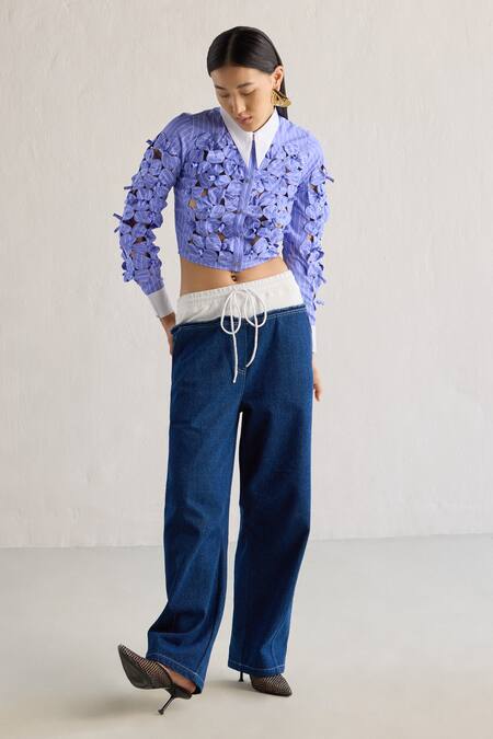 Mellowdrama_Blue Cotton Embroidery Collared 3d Bow Bloom Contrast Crop Shirt_at_Aza_Fashions