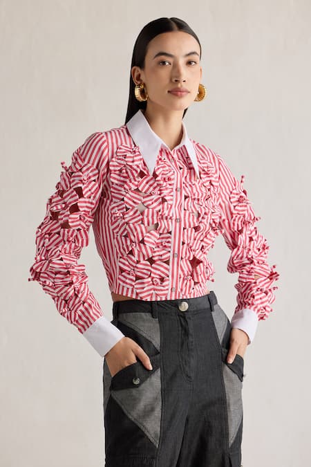 Mellowdrama 3D Bow Flora Contrast Collar Crop Shirt 