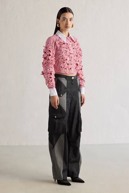 Mellowdrama_Red Cotton Embroidery Collared 3d Bow Flora Contrast Crop Shirt_Online_at_Aza_Fashions