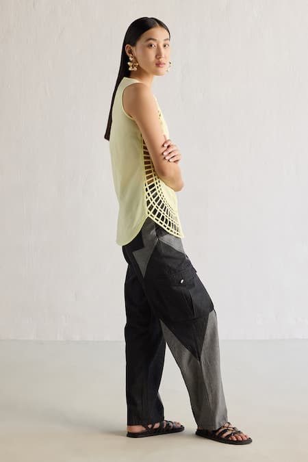 Mellowdrama Yellow Cotton Round Neck Sunray Weave Panelled Top Online at Aza Fashions Mellowdrama_Yellow Cotton Round Neck Sunray Weave Panelled Top_Online_at_Aza_Fashions