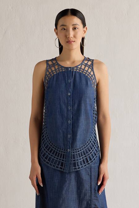 Mellowdrama_Blue Cotton Round Neck Sunray Weave Panelled Sleeveless Top_Online_at_Aza_Fashions