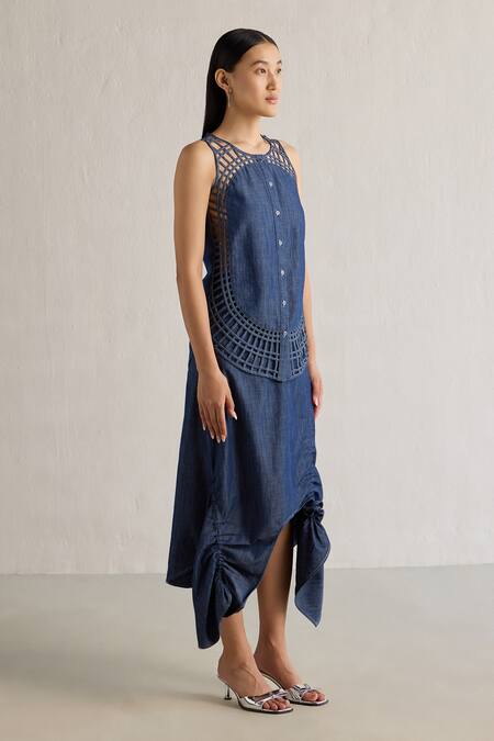 Buy_Mellowdrama_Blue Cotton Round Neck Sunray Weave Panelled Sleeveless Top_Online_at_Aza_Fashions