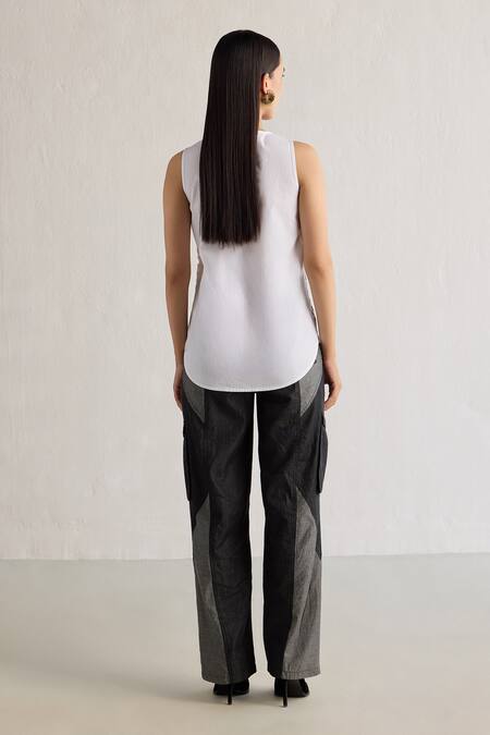 Shop Mellowdrama White Cotton Round Neck Sunray Weave Panelled Top at Aza Fashions Shop_Mellowdrama_White Cotton Round Neck Sunray Weave Panelled Top_at_Aza_Fashions