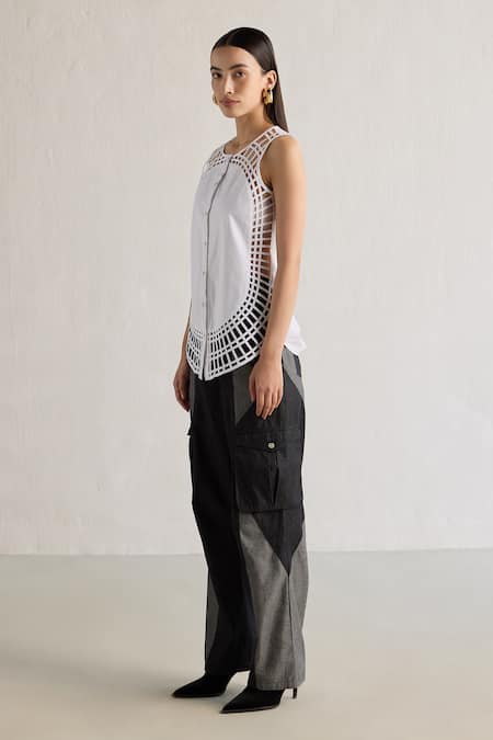 Buy Mellowdrama White Cotton Round Neck Sunray Weave Panelled Top Online at Aza Fashions Buy_Mellowdrama_White Cotton Round Neck Sunray Weave Panelled Top_Online_at_Aza_Fashions