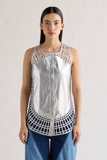 Mellowdrama_Silver Cotton Round Neck Sunray Weave Panelled Foil Top_Online_at_Aza_Fashions