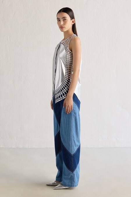 Buy_Mellowdrama_Silver Cotton Round Neck Sunray Weave Panelled Foil Top_Online_at_Aza_Fashions