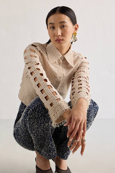 Mellowdrama Beige Cotton Crystals Collared Weave Patterned Sleeves Shirt Online at Aza Fashions Mellowdrama_Beige Cotton Crystals Collared Weave Patterned Sleeves Shirt_Online_at_Aza_Fashions