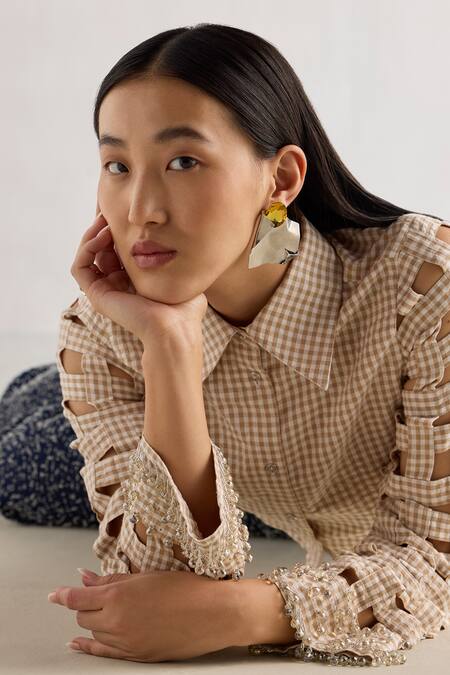 Buy Mellowdrama Beige Cotton Crystals Collared Weave Patterned Sleeves Shirt Online at Aza Fashions Buy_Mellowdrama_Beige Cotton Crystals Collared Weave Patterned Sleeves Shirt_Online_at_Aza_Fashions