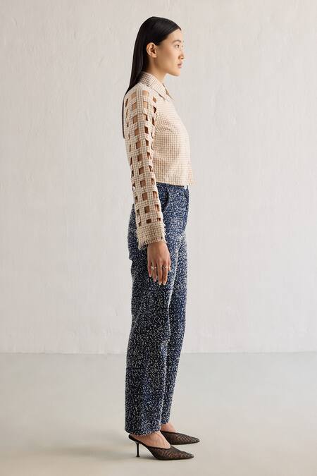 Shop Mellowdrama Beige Cotton Crystals Collared Weave Patterned Sleeves Shirt Online at Aza Fashions Shop_Mellowdrama_Beige Cotton Crystals Collared Weave Patterned Sleeves Shirt_Online_at_Aza_Fashions