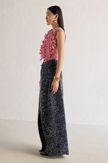 Buy_Mellowdrama_Red Cotton Ruffles Round Neck Striped Laser Cut Bloom Crop Top_Online_at_Aza_Fashions