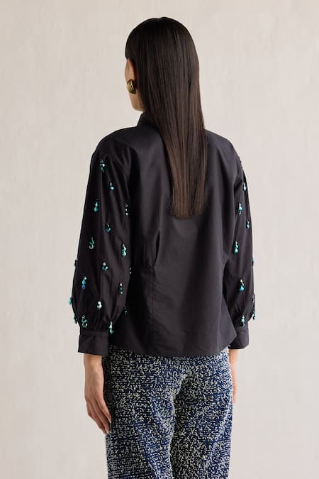 Shop Mellowdrama Black Cotton Crystals Collared Bead Embellished Sleeve Shirt at Aza Fashions Shop_Mellowdrama_Black Cotton Crystals Collared Bead Embellished Sleeve Shirt_at_Aza_Fashions