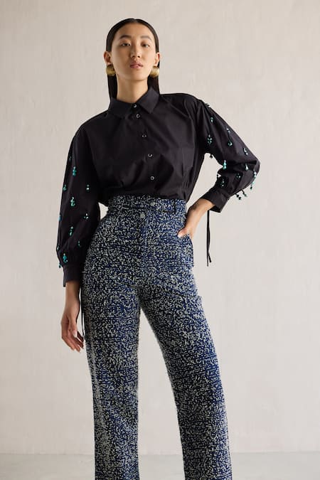 Mellowdrama Black Cotton Crystals Collared Bead Embellished Sleeve Shirt Online at Aza Fashions Mellowdrama_Black Cotton Crystals Collared Bead Embellished Sleeve Shirt_Online_at_Aza_Fashions