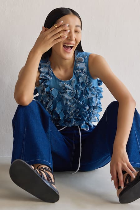 Buy_Mellowdrama_Blue Cotton Round Neck 3d Laser Cut Top_Online_at_Aza_Fashions