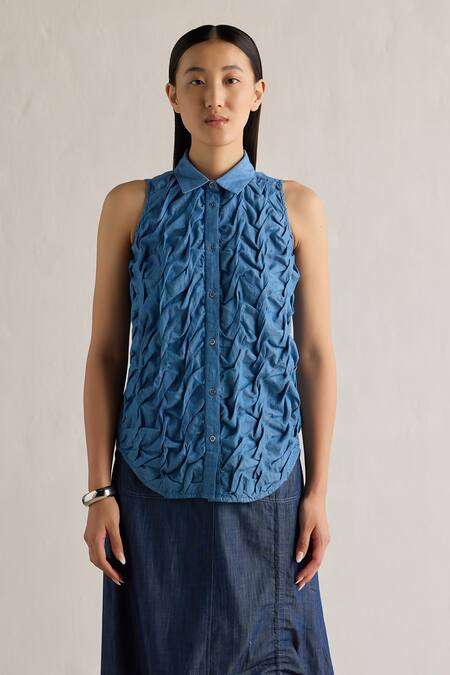 Mellowdrama_Blue Cotton Embroidery Collared Hand Tucked Shirt_Online_at_Aza_Fashions